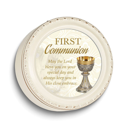 FIRST COMMUNION Sentiment White Round Keepsake Resin Box
