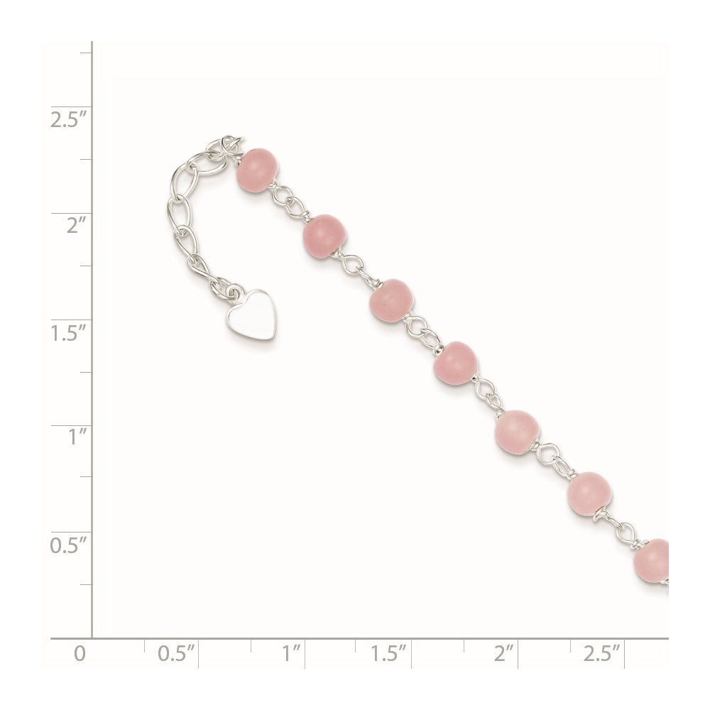 Sterling Silver Pink Glass Bead with Heart 8in Plus 1in ext Anklet 9 inches