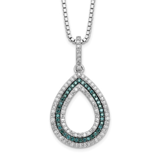 White Night Sterling Silver Rhodium-plated Blue and White Diamond Teardrop 18 Inch Necklace with 2 Inch Extender 18 Inches