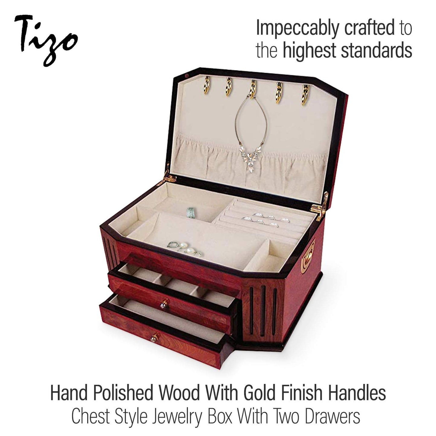 High Gloss Burlwood Finish with Black Accents Two Drawer Wooden Jewelry Box