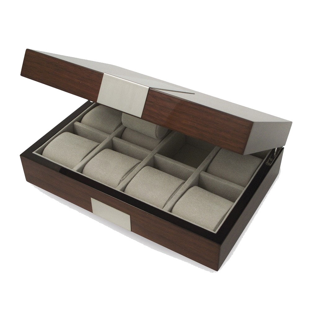 Walnut Wood with Silver-tone Metal Accents Faux Suede Lined 8-Watch Case QGP9614