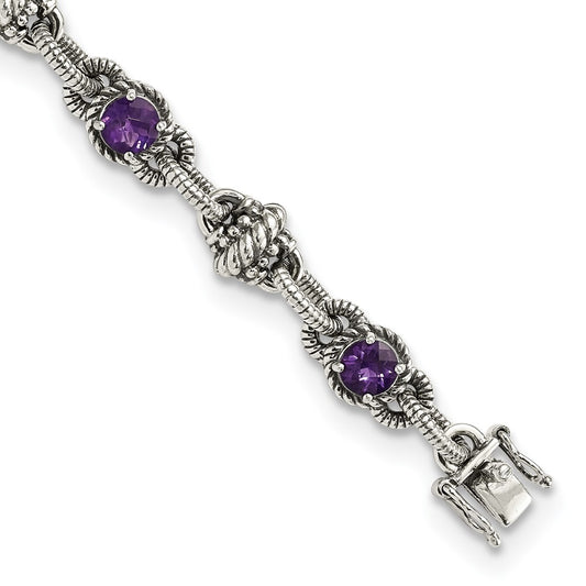 Shey Couture Sterling Silver Antiqued 7.75 Inch Round Amethyst Bracelet 7.75 inches