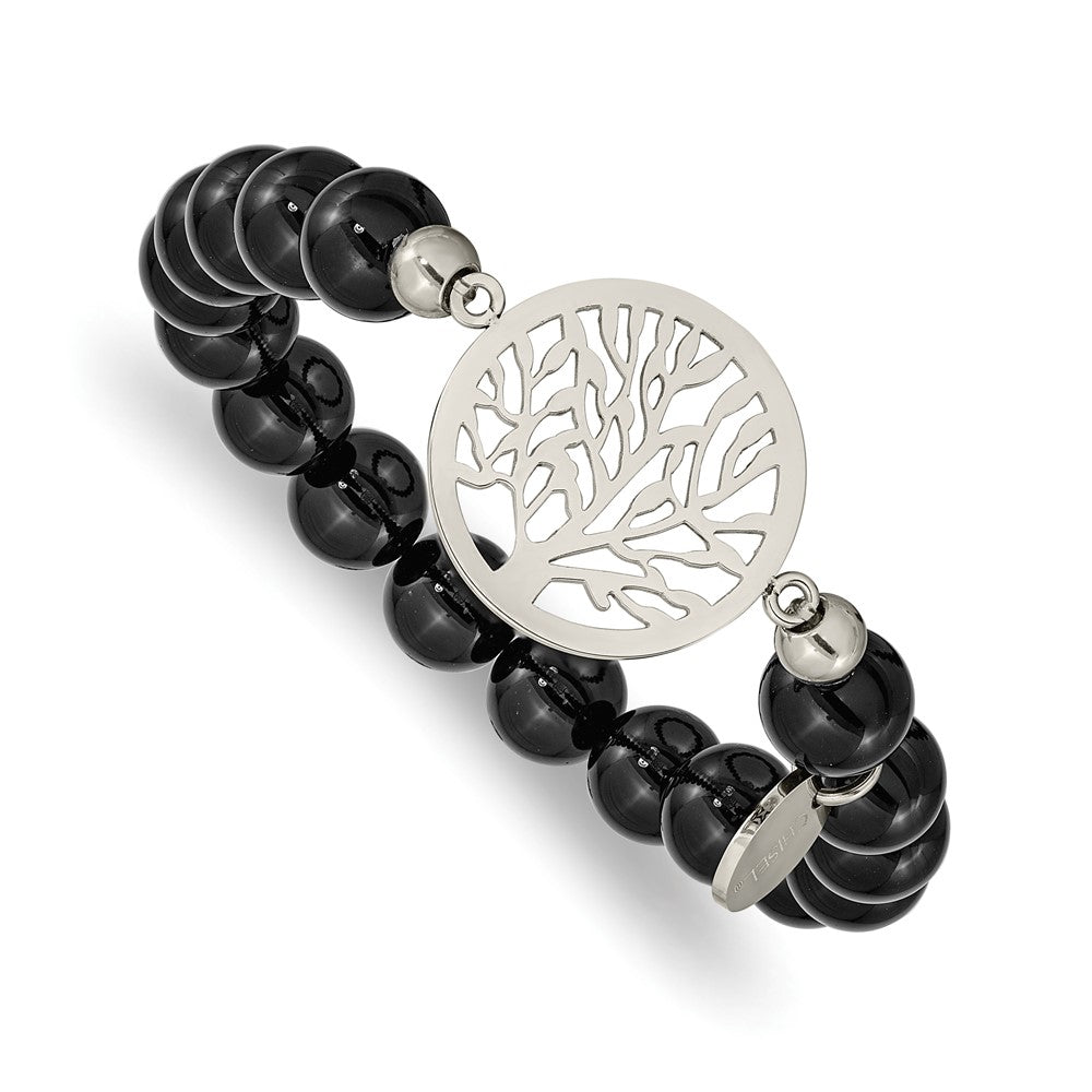 Stainless Steel Polished Tree of Life Black Agate Beaded Stretch Bracelet 6.25 inches