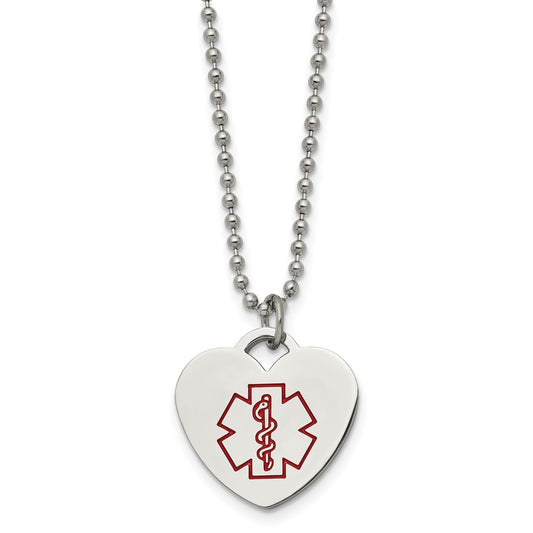 Stainless Steel Polished w/Red Enamel Heart Medical ID 22in Necklace