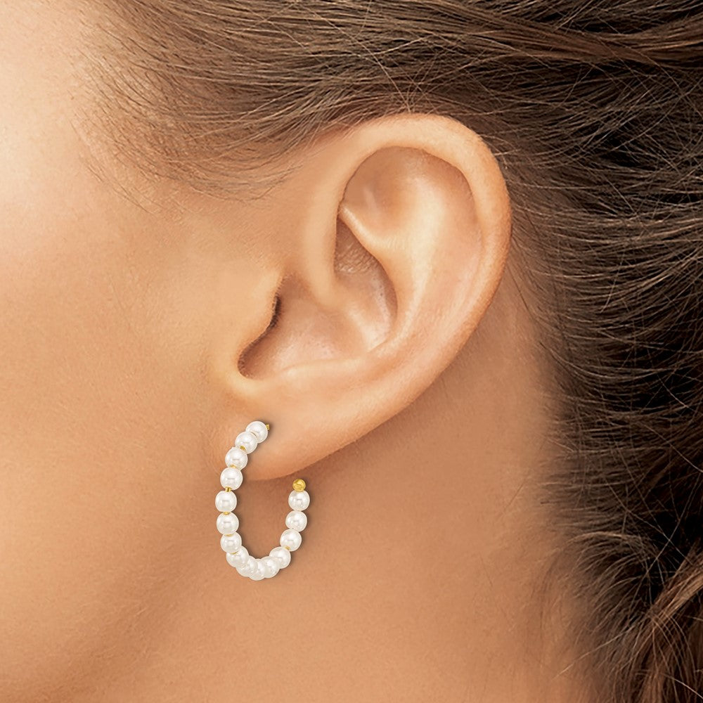 Chisel Stainless Steel Polished Yellow IP-plated White Mother of Pearl J-Hoop Earrings