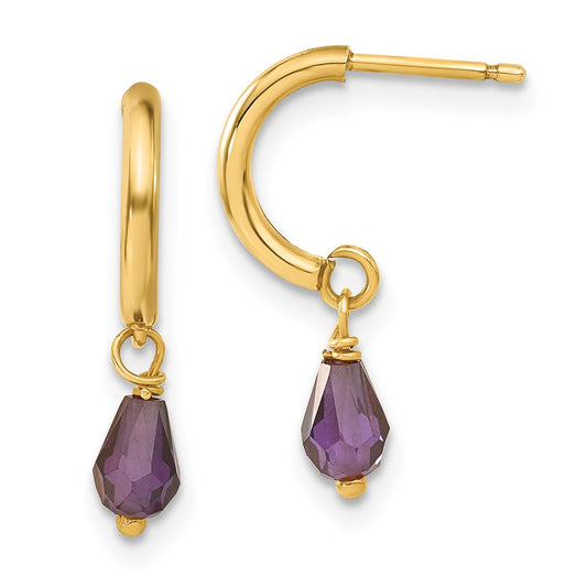 14ky Purple CZ Dangle C-Hoop Earrings