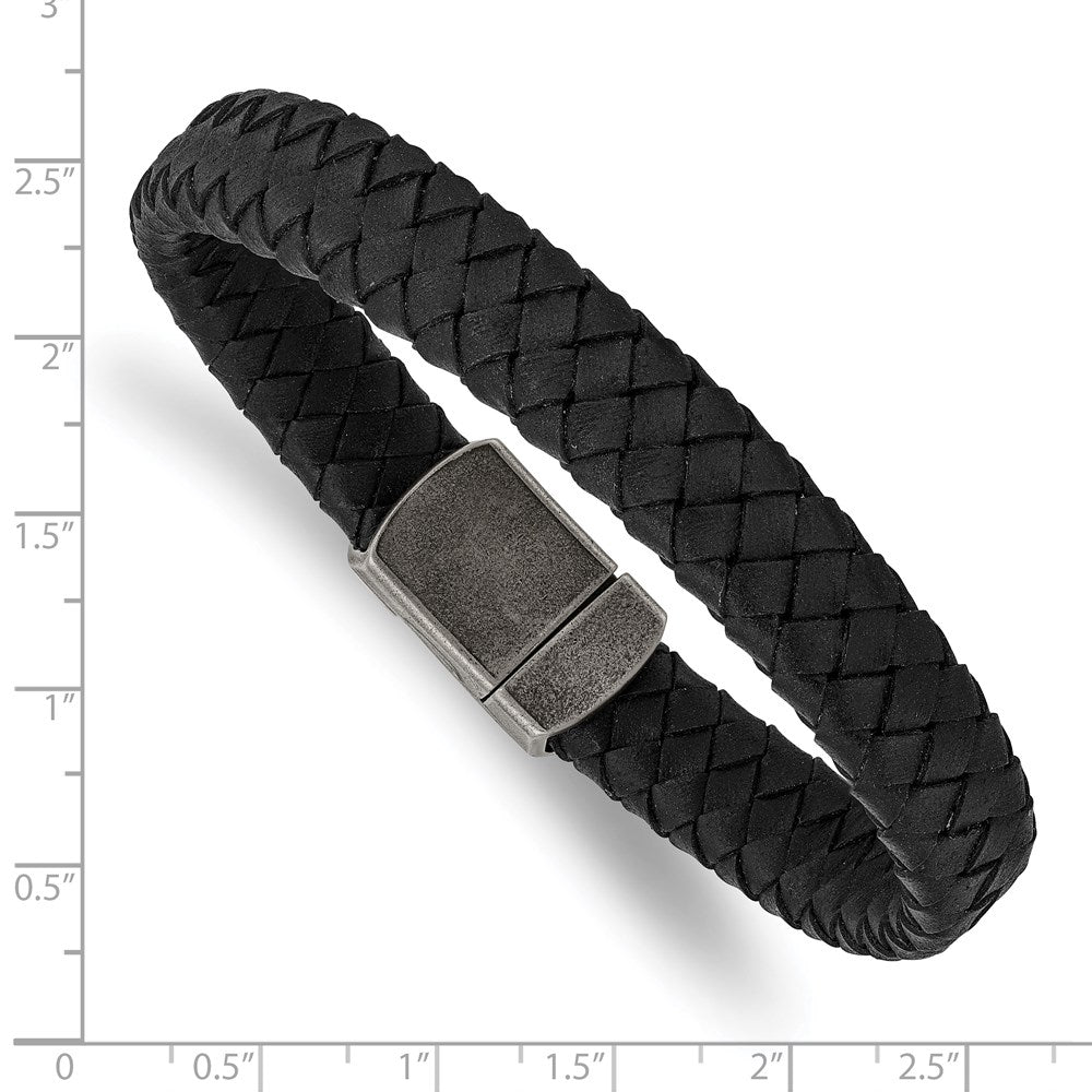 Stainless Steel Antiqued Black Leather 8.25in Bracelet 8.25 inches