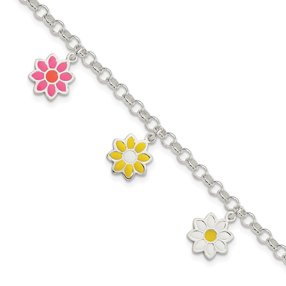 Sterling Silver Polished Multi-color Enamel Flowers Children's Bracelet 6 inches