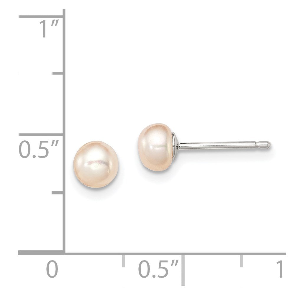 Sterling Silver Rhodium-plated 4-5mm Pink Button Freshwater Cultured Pearl Post Earrings