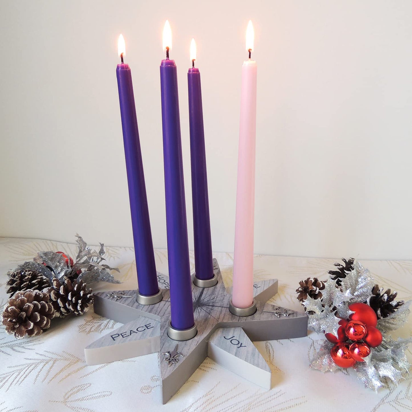 Star Advent Wreath - Hope, Peace, Faith, Joy, Advent Candle Holder Set with 4 Taper Candles, by Abbey & CA Gift