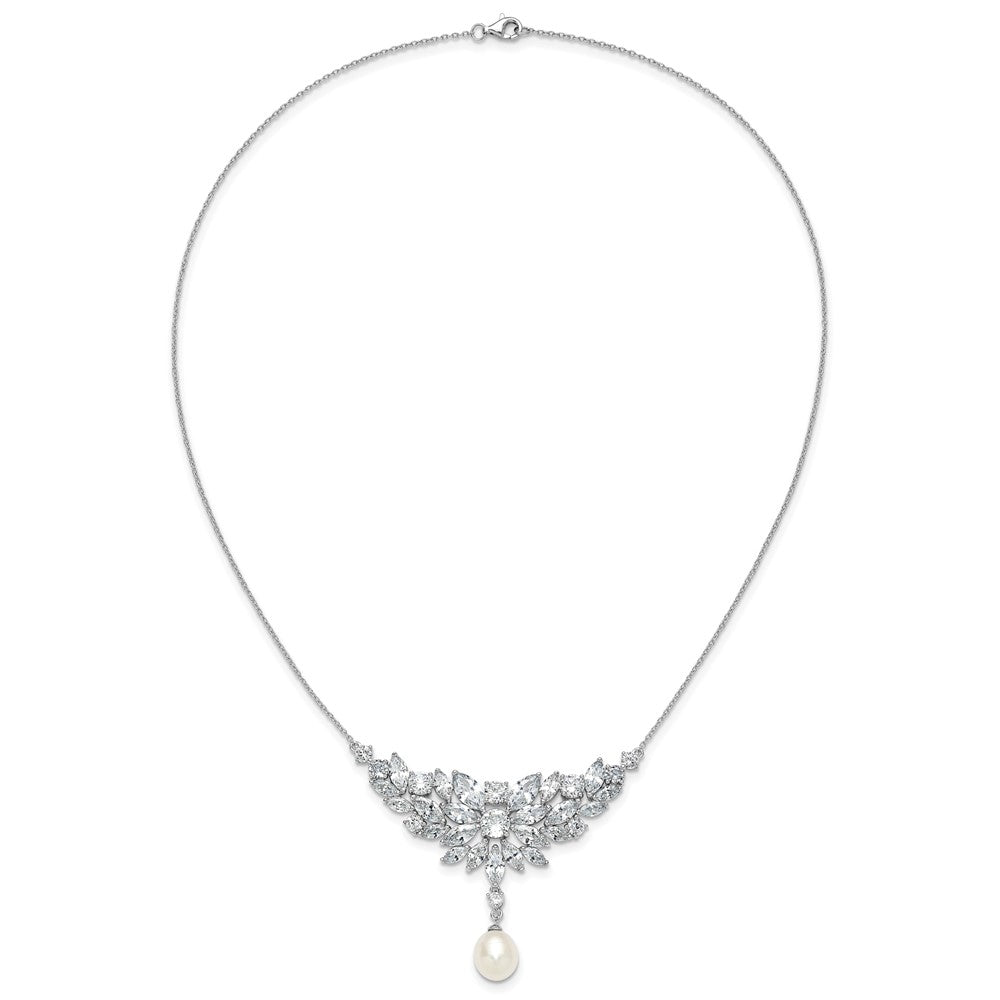 Cheryl M Sterling Silver Rhodium-plated Polished Fancy Freshwater Cultured Pearl and CZ Necklace 18 Inches