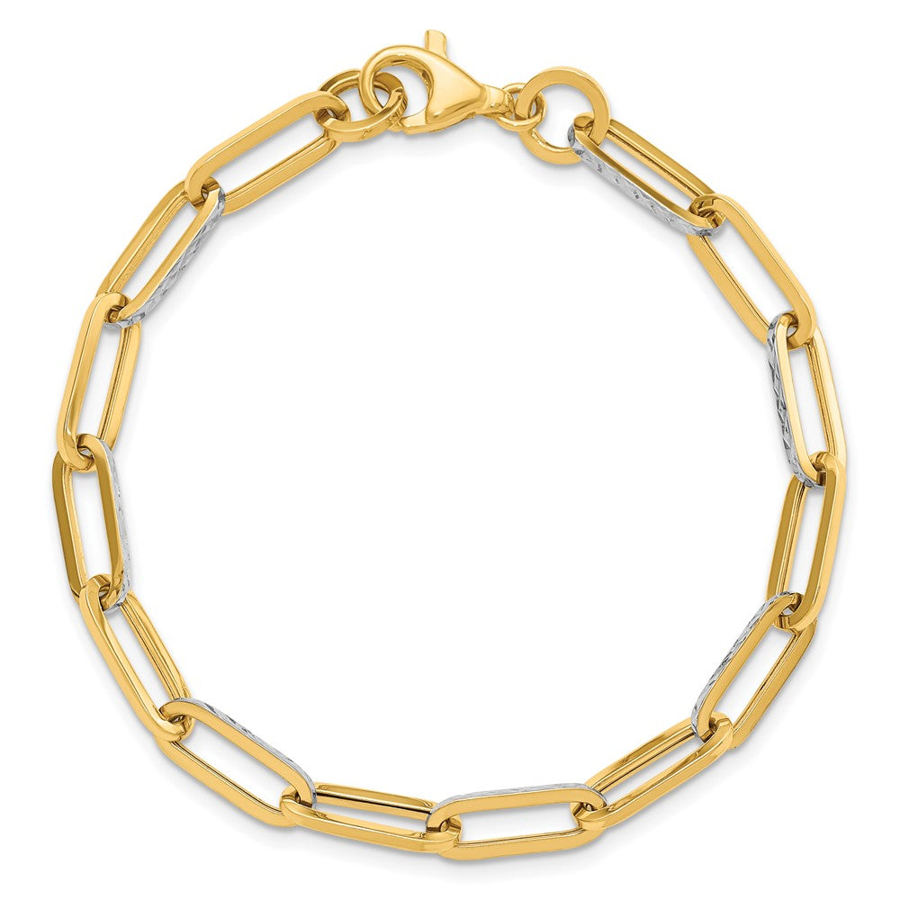 14K w/White Rhodium Polished / Diamond-cut Link Bracelet 7.5  inches