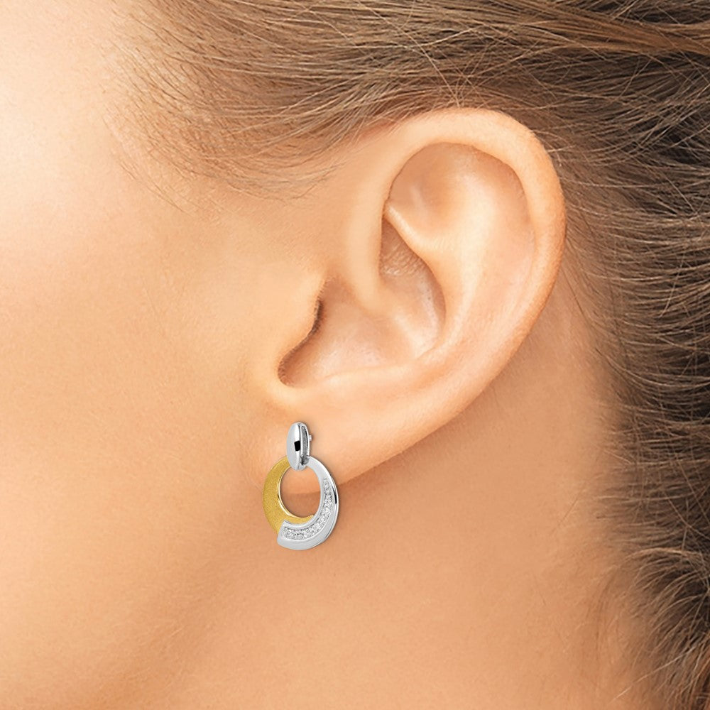 Sterling Silver Rh-p and Gold-plated CZ Brushed Dangle Earrings