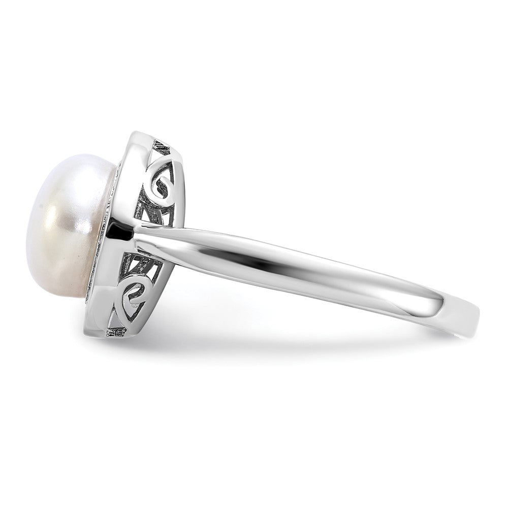 Cheryl M Sterling Silver Rhodium-plated Polished Freshwater Cultured Pearl and CZ Halo Ring