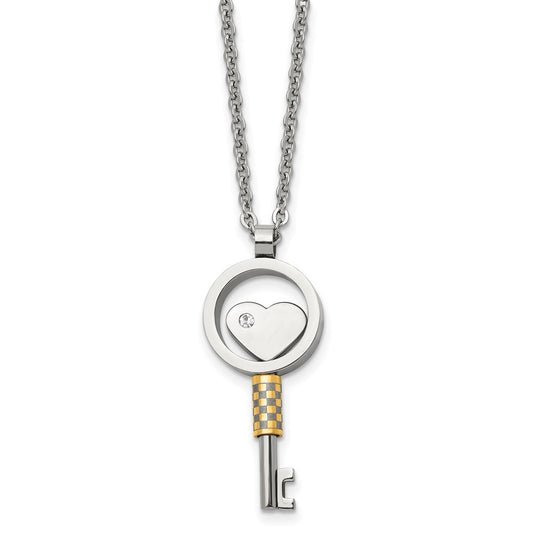Stainless Steel Polished Yellow IP-plated w/CZ Heart Key 22in Necklace