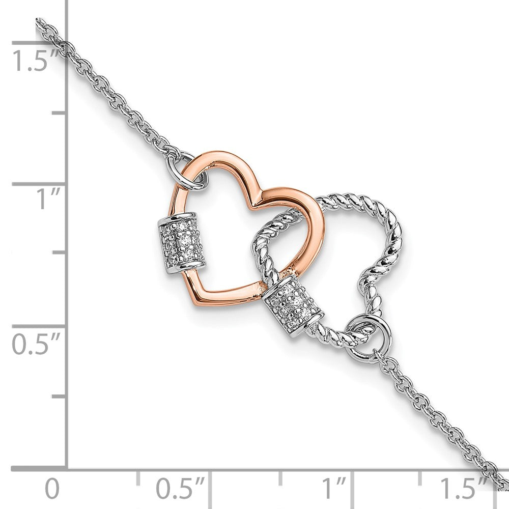 Sterling Silver Rh-plated Rose-tone Double Heart 7in w/1in ext Bracelet 8 inches