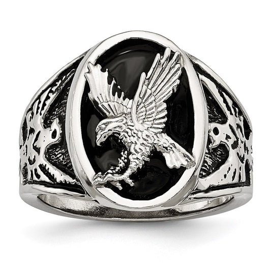 Stainless Steel Polished and Textured Enameled Eagle Ring Size - 12