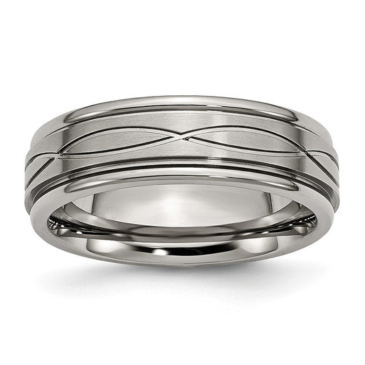 Titanium Brushed Center 7mm Criss-cross Design Ridged Edge Band Size - 11.5
