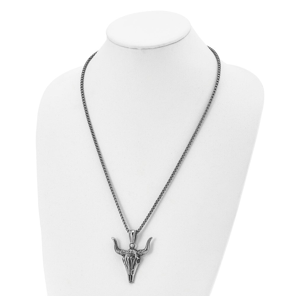 Stainless Steel Antiqued and Polished Bull Skull 24in Necklace