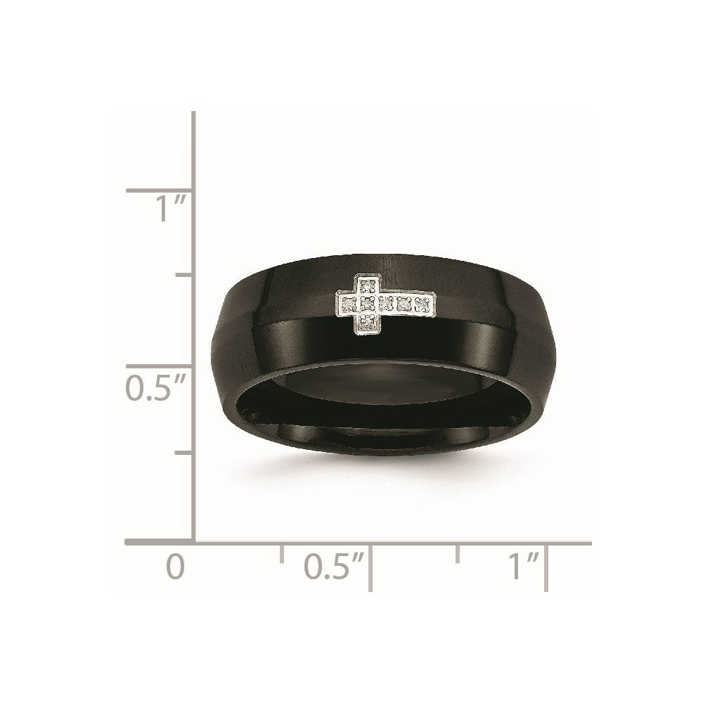 Stainless Steel Polished Black IP-plated 2pt Diamond Cross 8mm Band Size - 13