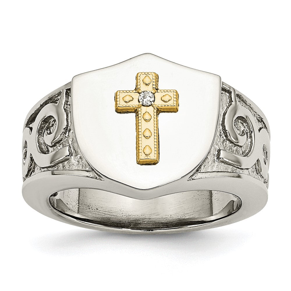 Stainless Steel Polished w/10K Gold Cross and .02ct Diamond Ring Size - 10
