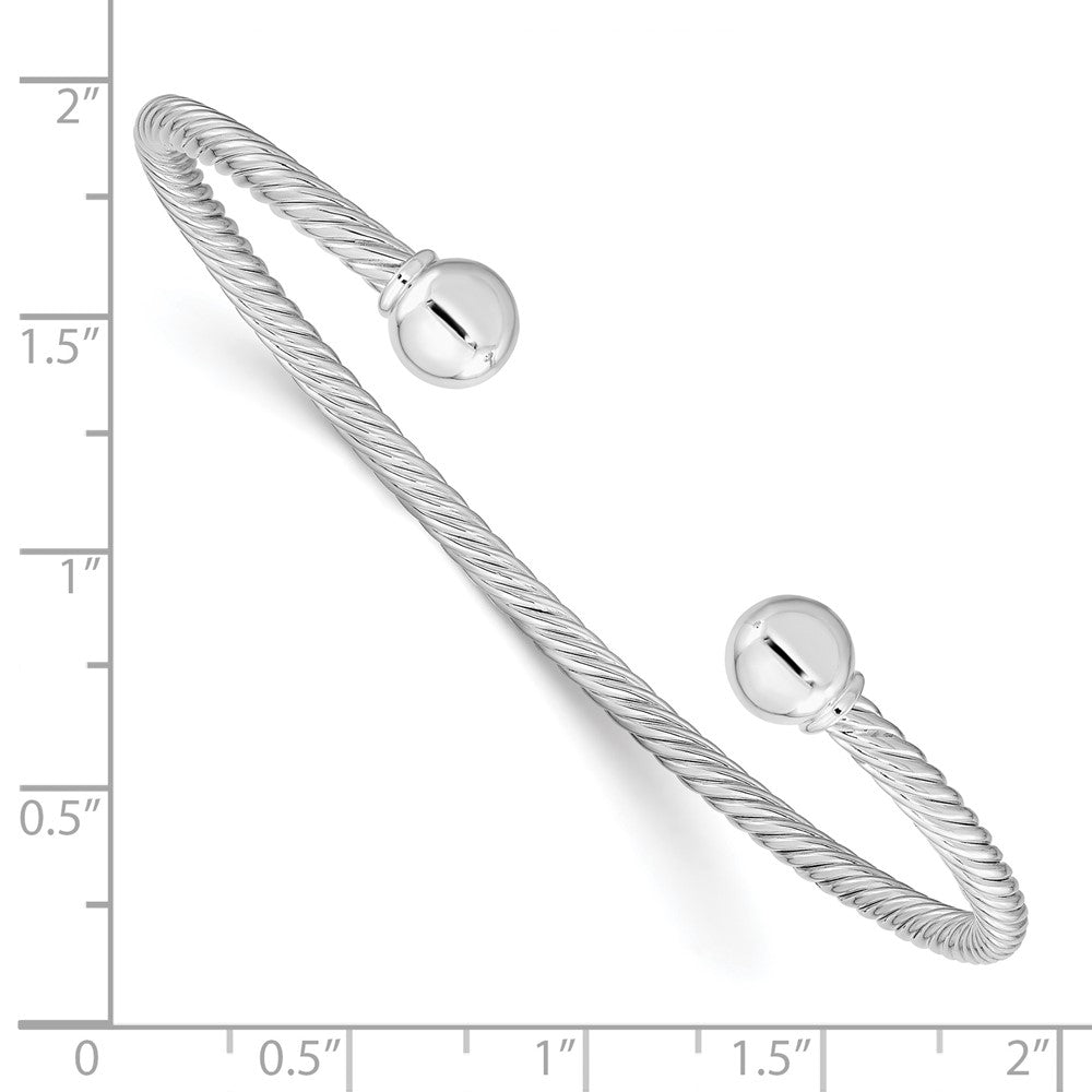 Sterling Silver Rhod-plated Twisted w/1 Thread Ball Cuff Bangle 7.5 inches