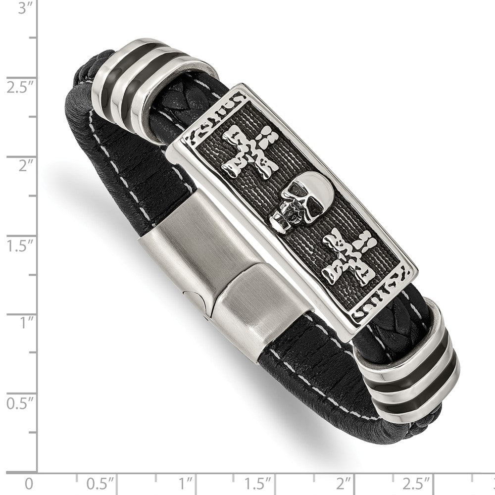Stainless Steel Antiqued & Polished w/Enamel Skull Faux Leather Bracelet 8.5 inches