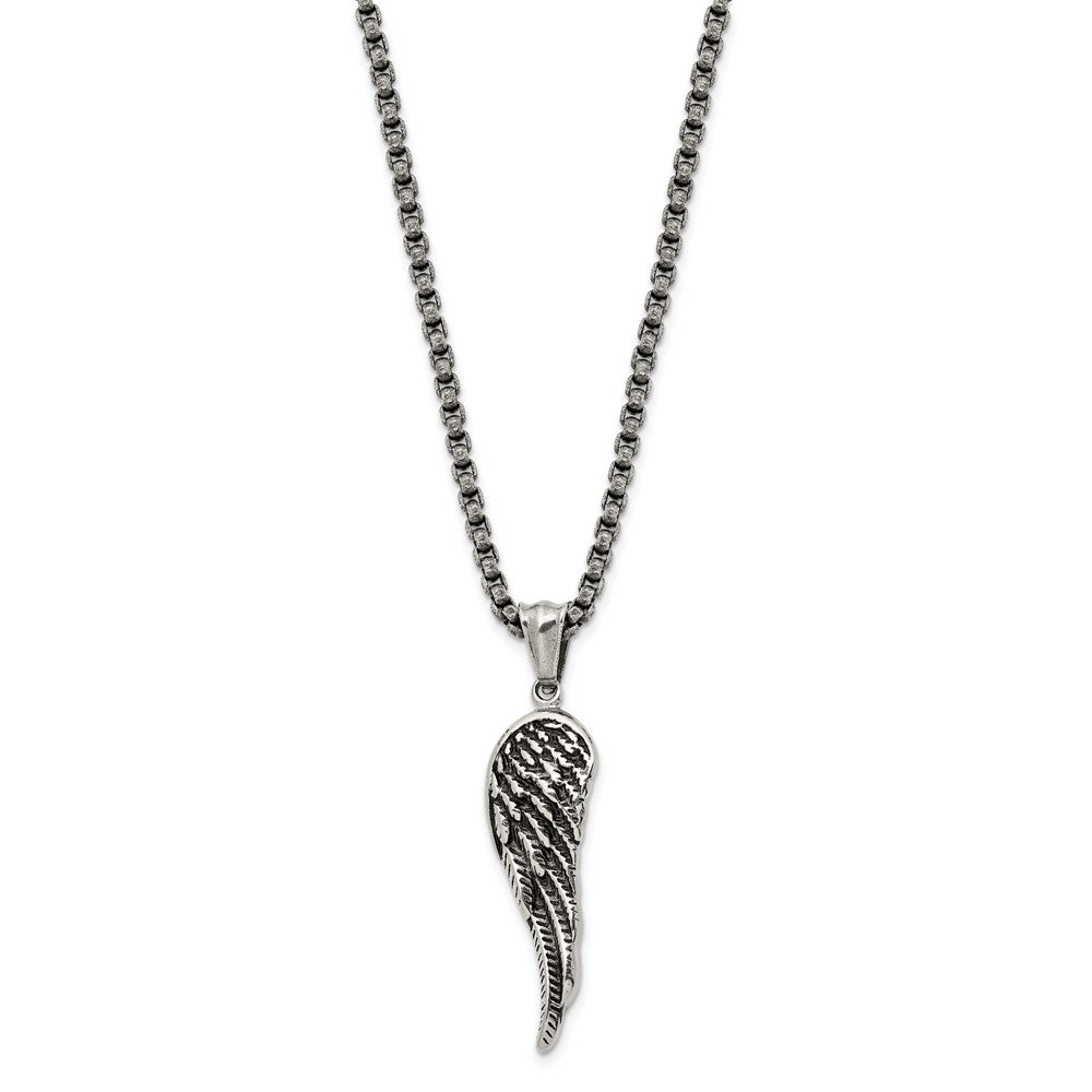 Stainless Steel Antiqued and Polished Angel Wing 23.5in Necklace
