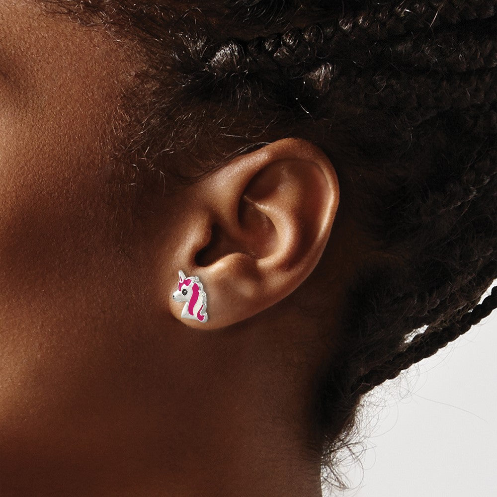 Sterling Silver Polished Multi-color Enameled Unicorn Head Children's Post Earrings