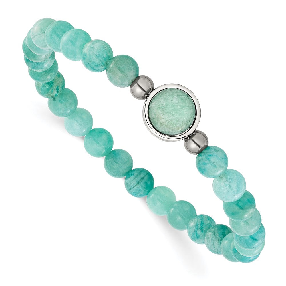 Chisel Stainless Steel Polished 6.5mm China Amazonite Beaded 7 inch Stretch Bracelet 7 inches