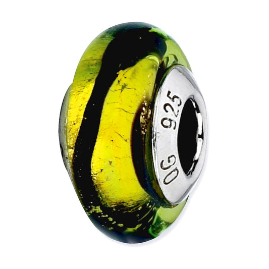 Sterling Silver Reflections Lime/Black Stripes Italian Murano Bead