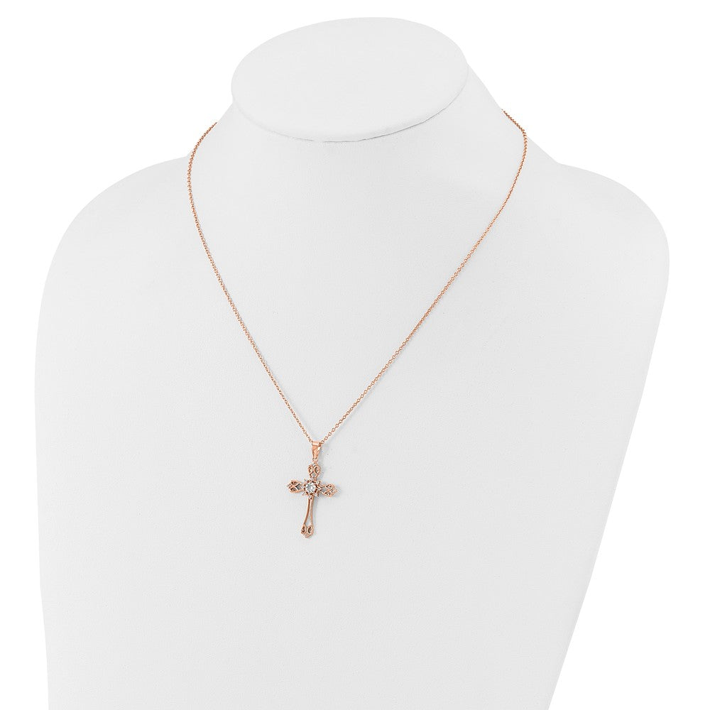 Cheryl M Sterling Silver Rose Gold-plated Polished CZ Cross with 2 Inch Extension Necklace 18 Inches