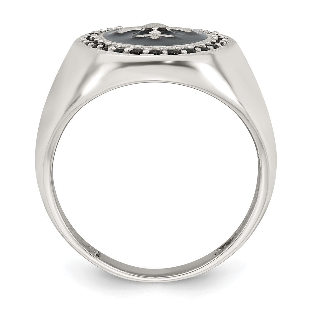 Sterling Silver Polished Fleur de Lis Black Enameled and Black Nano Crystals Size 11 Mens Signet Ring
