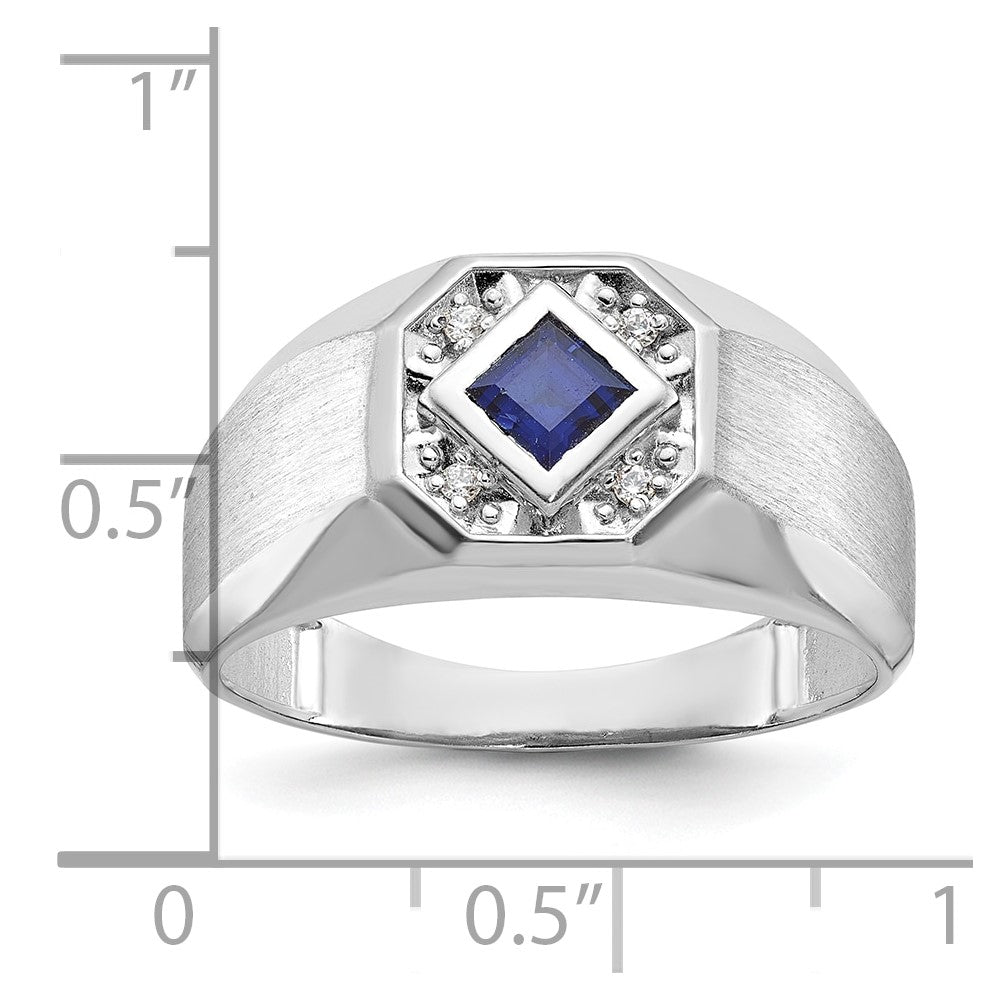 14k White Gold IBGoodman Men's Created Sapphire and 1/20 carat Diamond Satin Complete Ring
