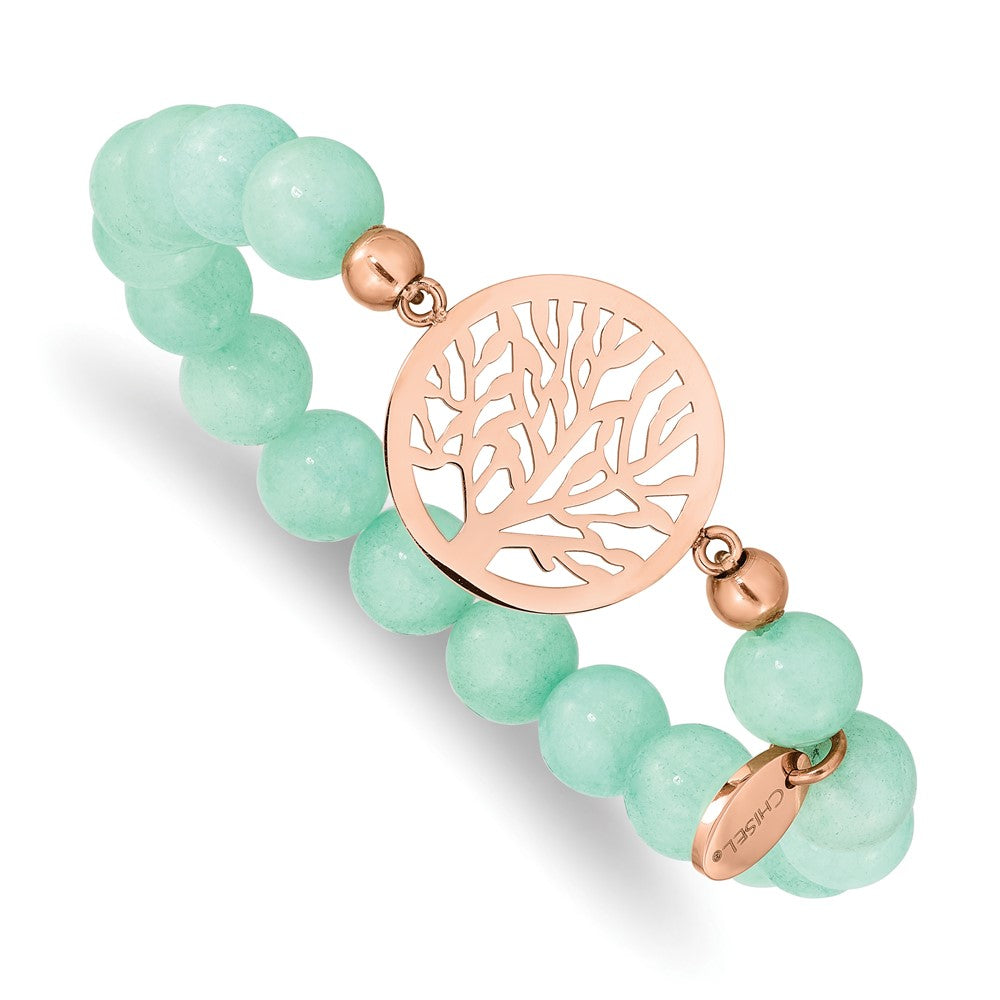 Stainless Steel Polished Rose IP Tree Green Dyed Jade Stretch Bracelet 6 inches