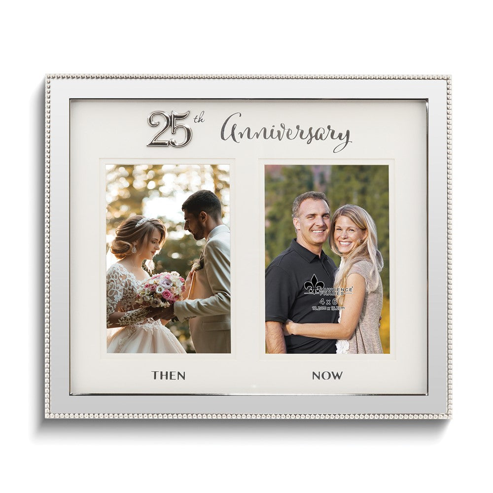 Silver-tone Beaded Then and Now 25th Anniversary Double 4x6 Photo Frame
