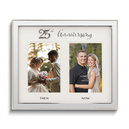 Silver-tone Beaded Then and Now 25th Anniversary Double 4x6 Photo Frame