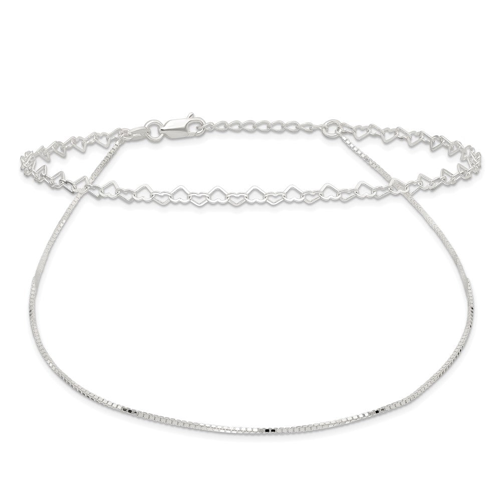 Sterling Silver Polished Double Strand Hearts 9in Plus 1in ext Anklet 9 inches