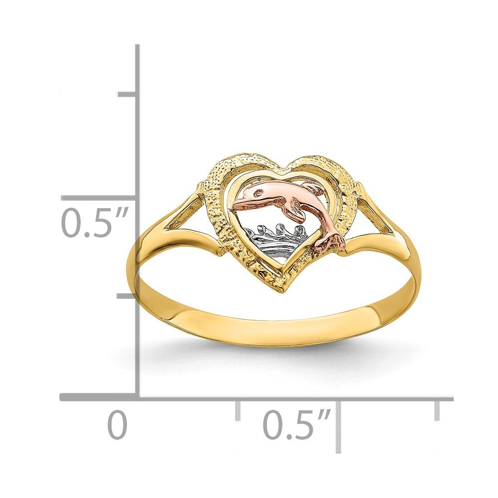 14K Yellow and Rose Gold W/Rhodium Dolphin In Heart Ring Size 7