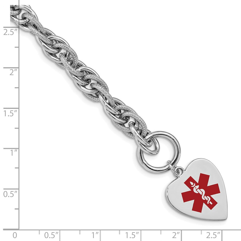 Sterling Silver Rhodium Engraveable Enamel Heart Medical ID Bracelet 8.75 inches