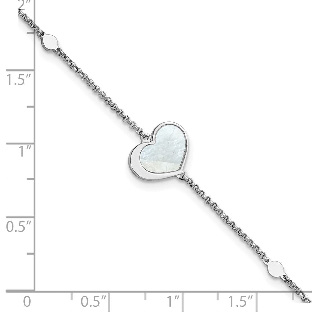 Sterling Silver Rhod-plated Mother of Pearl Heart 6.5in w/1in ext Bracelet 7.5 inches