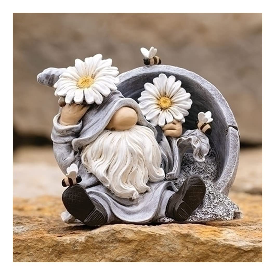 Roman 7.0 Inches Tall Gnome In Flower Pot Polyresin Daisy Bumble Bee 18184