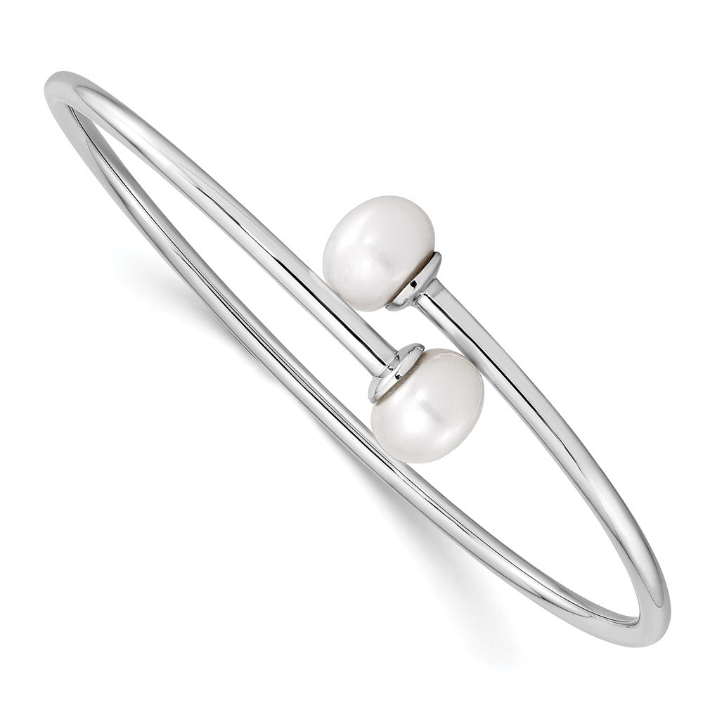 Sterling Silver Rhodium-plated 9-10mm White Freshwater Cultured Pearl Flexible Cuff Bangle 7 inches
