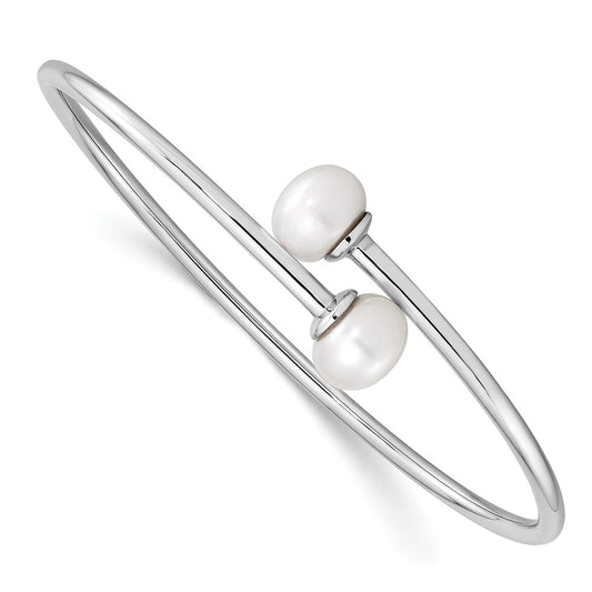 Sterling Silver Rhodium-plated 9-10mm White Freshwater Cultured Pearl Flexible Cuff Bangle 7 inches
