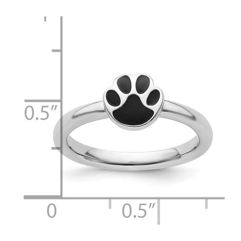 Sterling Silver Stackable Expressions Black Enamel Pawprint Ring Size -9