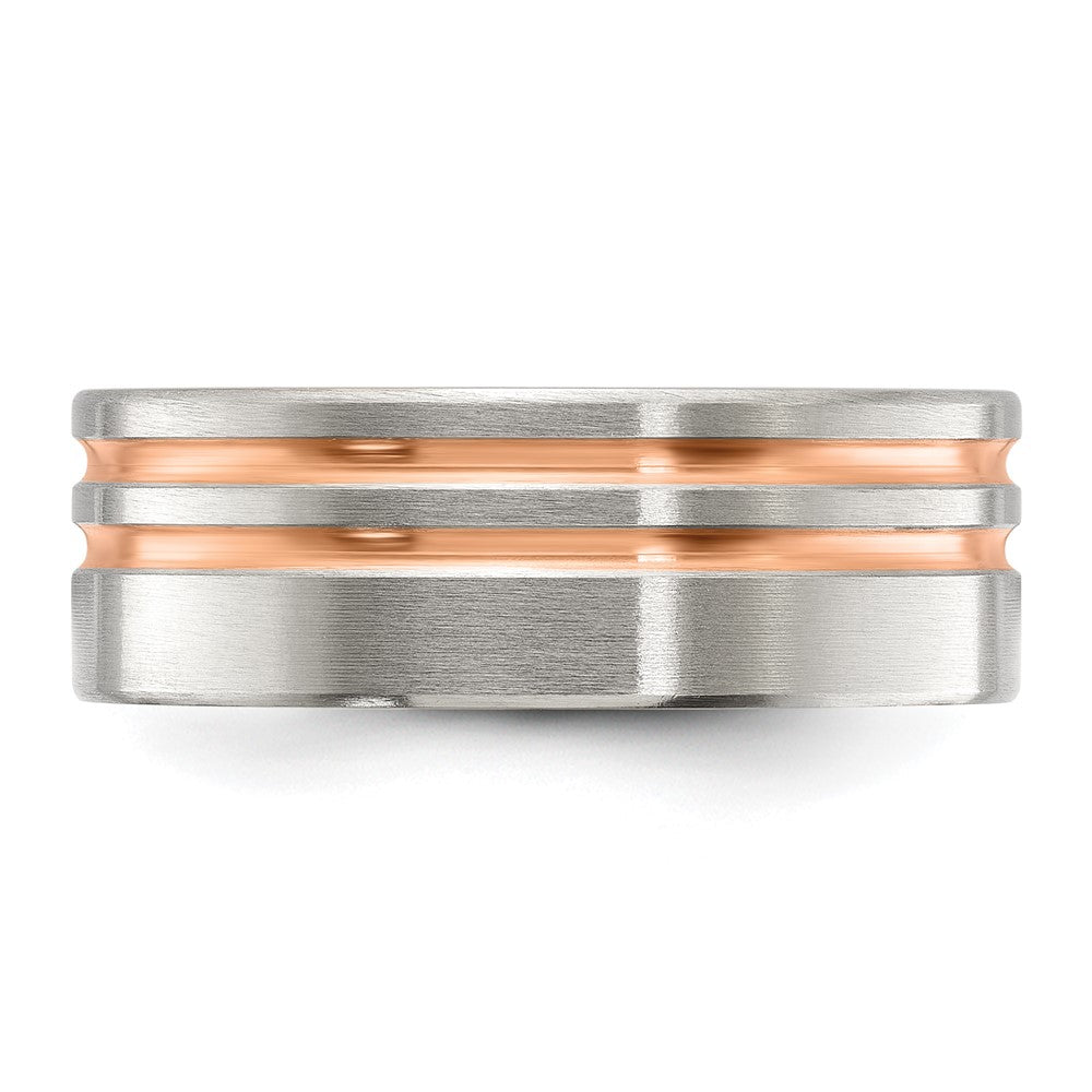 Chisel Stainless Steel Brushed Rose IP-plated Stripes 8mm Band Size - 12.5