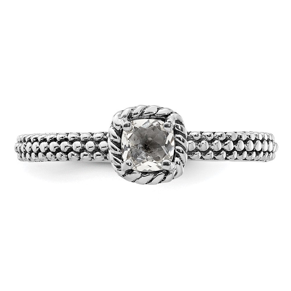 Sterling Silver Stackable Expressions Checker-cut White Topaz Antiqued Ring Size -10