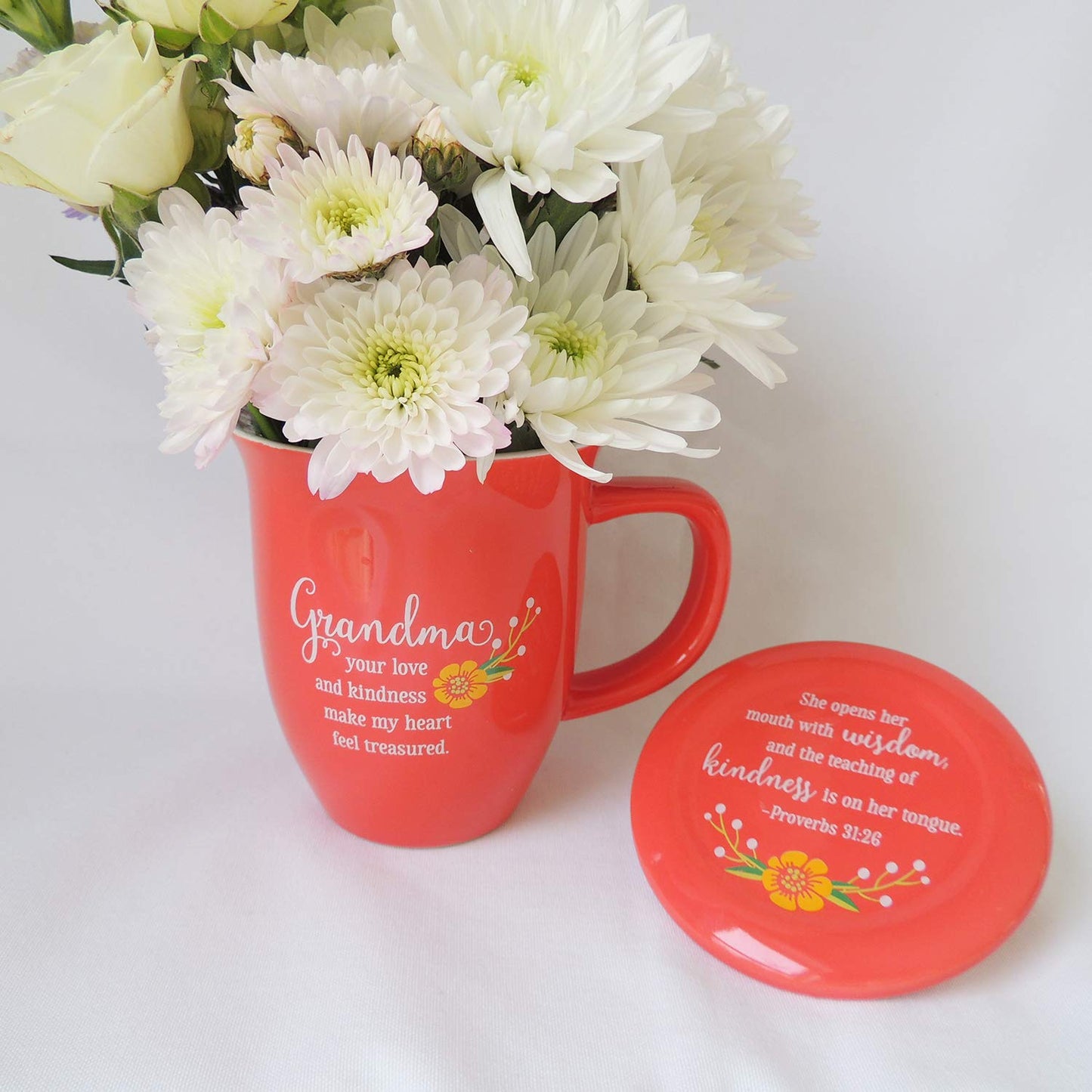 GRANDMA Coral Floral 15 oz. Ceramic Mug and Coaster Set Boxed QGM21142