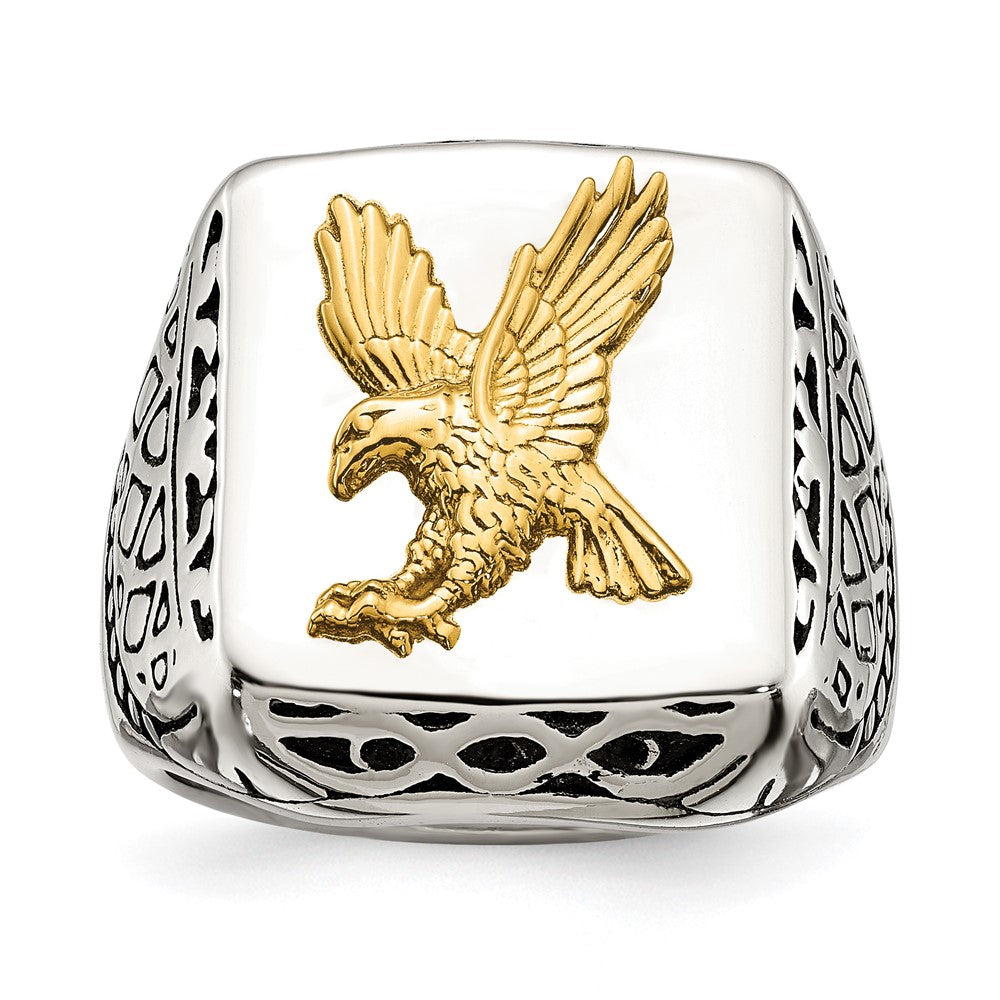 Stainless Steel w/14k Accent Antiqued and Polished Eagle Ring Size - 11