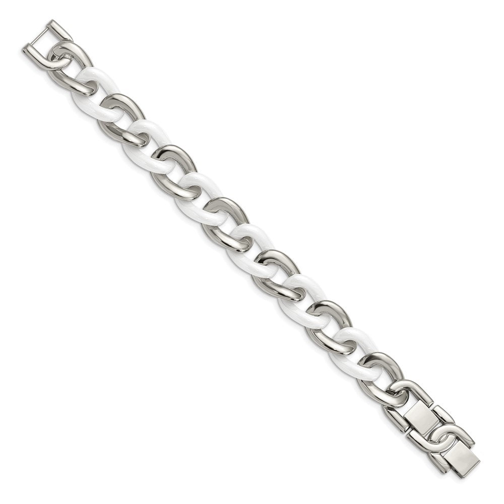 Stainless Steel Polished w/White Ceramic 7.5in w/1in ext. Bracelet 7.25 inches